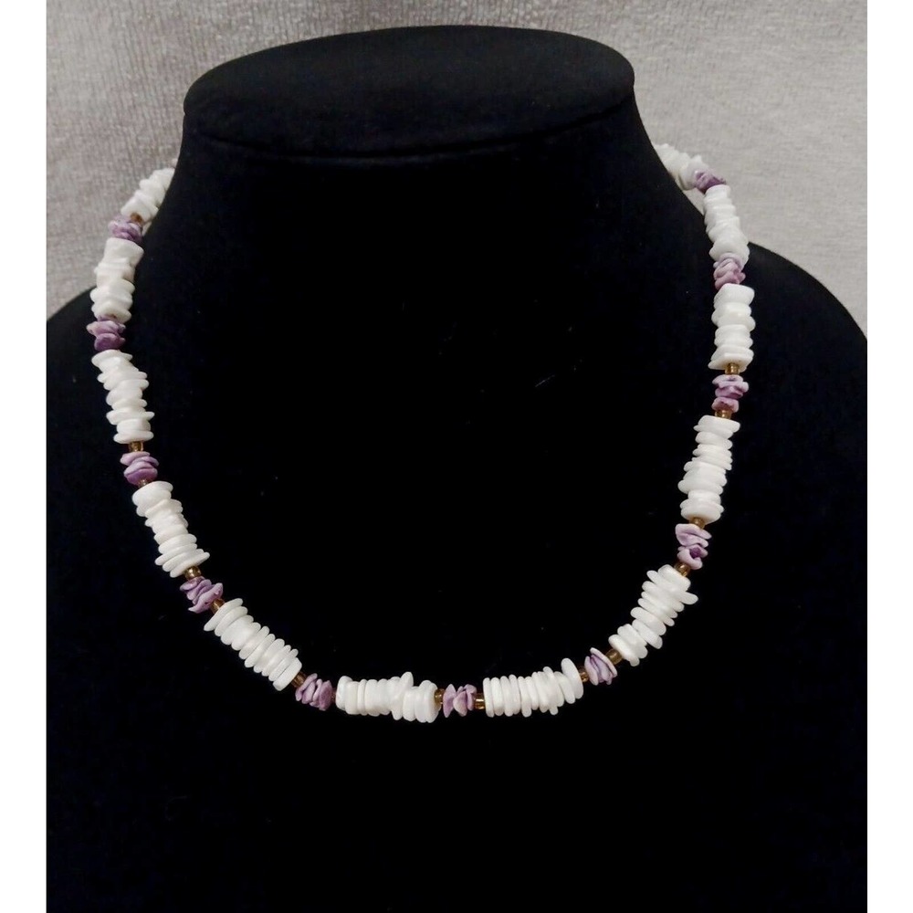 Vintage Puka Shell Heishi Jewelry White Lavender‎ Purple Nuggets Necklace Hawaii